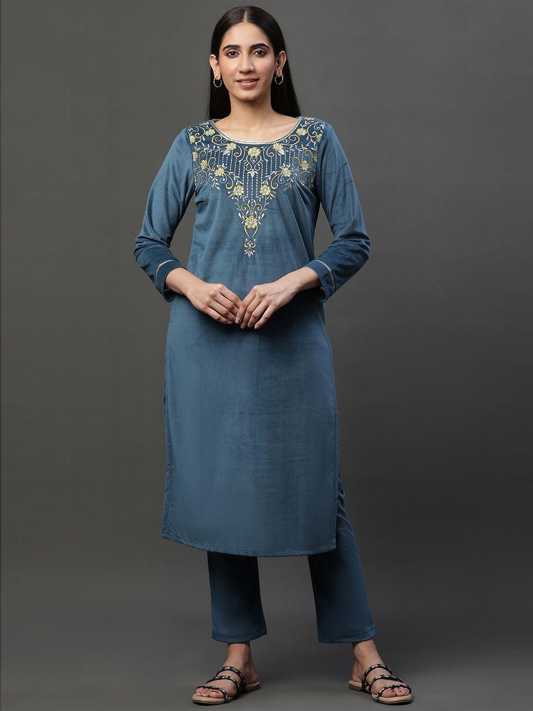 aurelia floral yoke design sequinned straight kurta with trouser