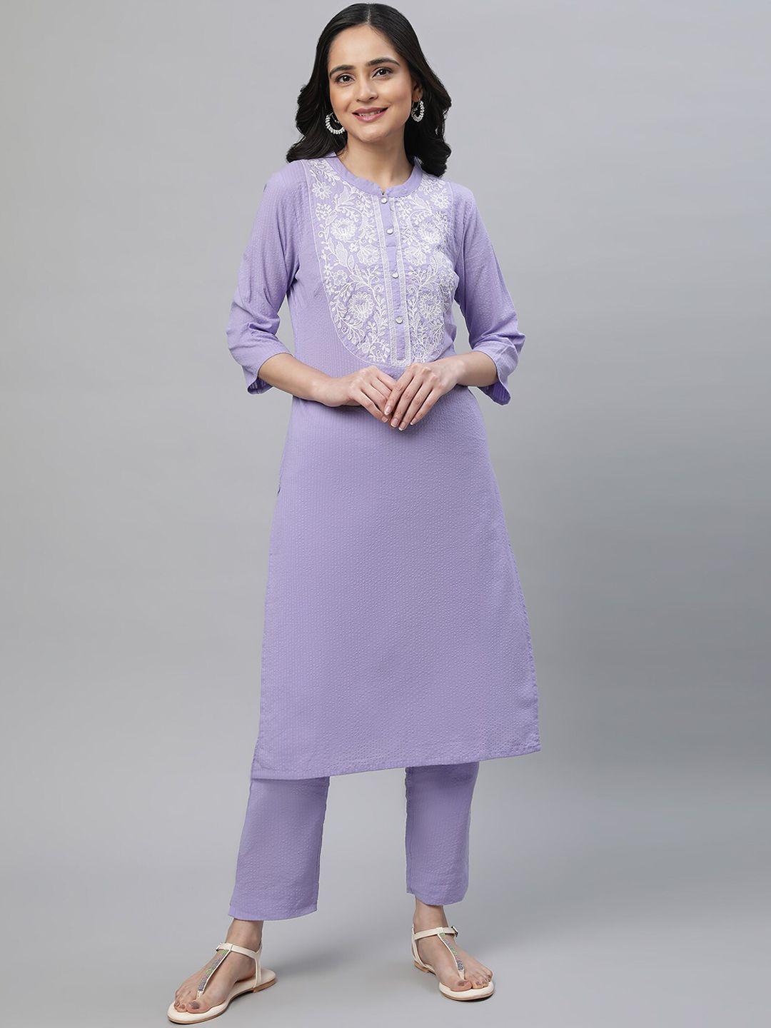 aurelia floral yoke design thread work straight kurta with trousers