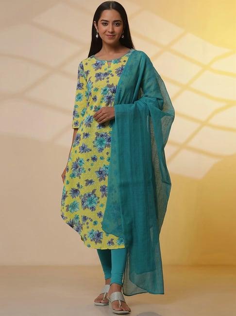 aurelia green & blue cotton printed kurta leggings set with dupatta