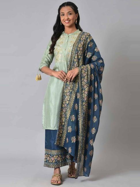 aurelia green & blue embroidered kurta palazzo set with dupatta