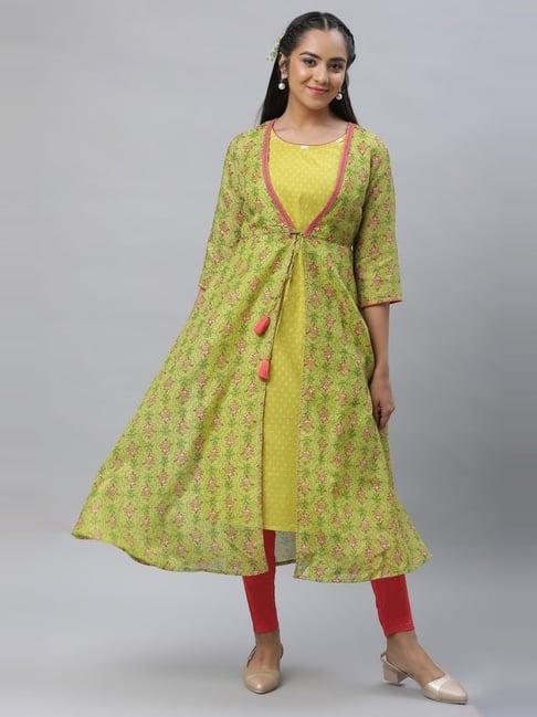 aurelia green & pink cotton woven pattern kurta leggings set with gilet