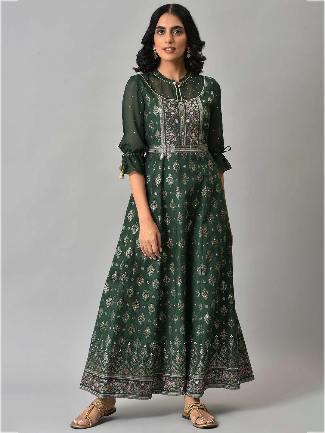 aurelia green & pink ethnic motifs pure cotton maxi ethnic dress