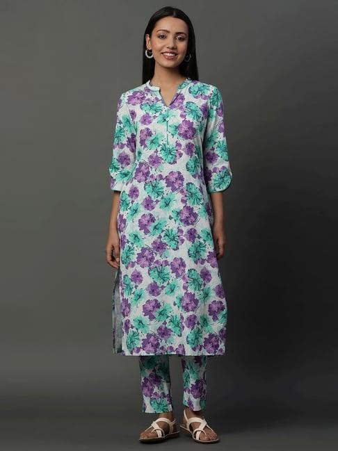aurelia green & purple cotton printed kurta pant set