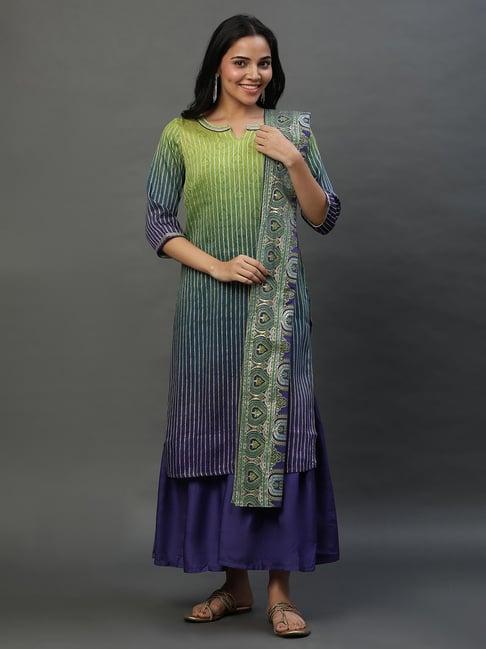 aurelia green & purple linen printed kurta sharara set with dupatta