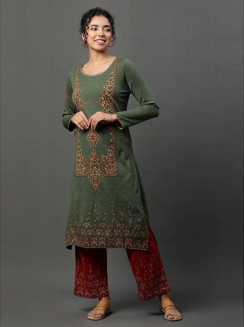 aurelia green & red printed winter kurta palazzo set