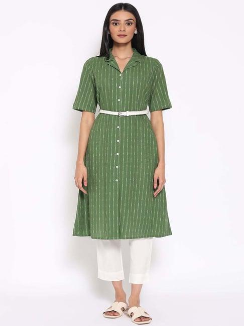 aurelia green & white cotton embroidered kurta pant set