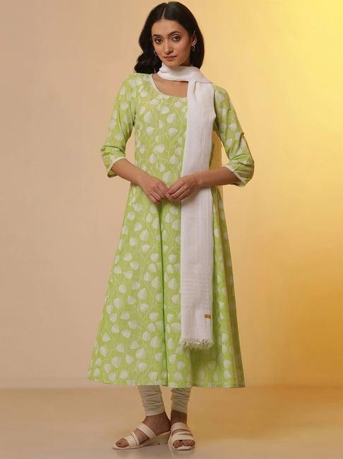 aurelia green & white cotton printed kurta leggings set with dupatta