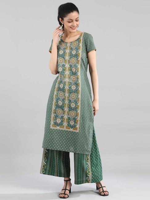 aurelia green cotton printed straight kurta