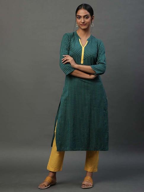 aurelia green cotton striped straight kurta