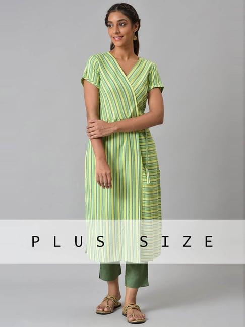 aurelia green cotton striped straight kurta