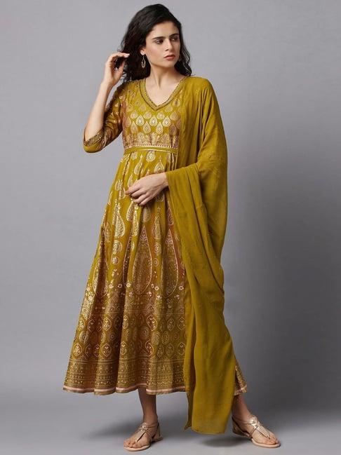 aurelia green embellished a-line dress with dupatta