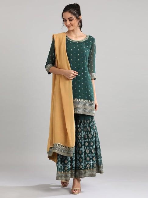 aurelia green embroidered kurti sharara set with dupatta