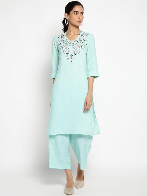 aurelia green floral print kurta palazzo set