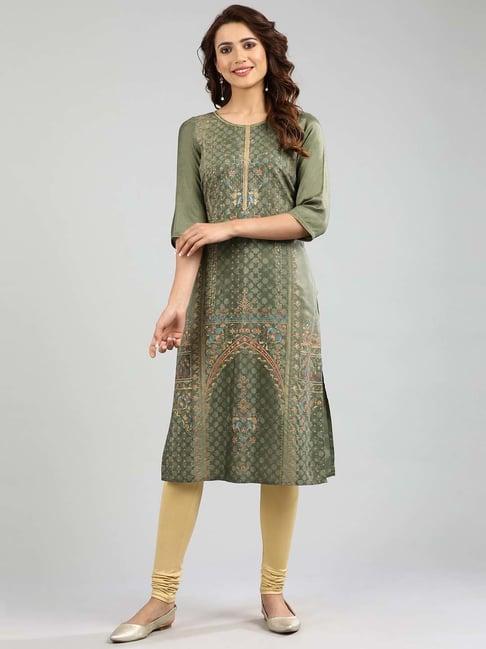 aurelia green floral print straight kurta