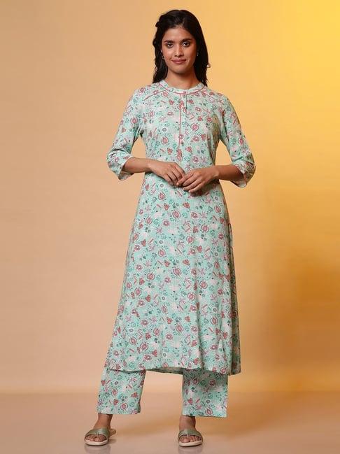 aurelia green printed kurta palazzo set