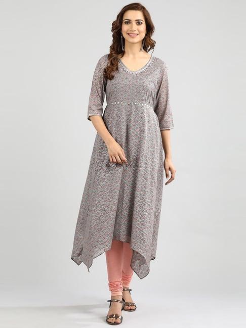 aurelia grey & pink embellished kurta churidar set with dupatta