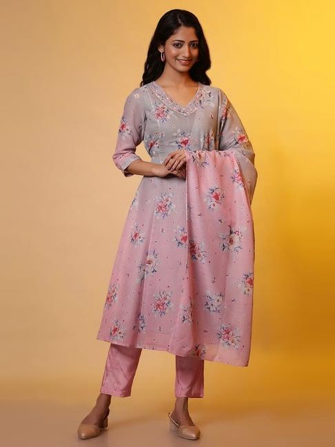 aurelia grey & pink printed kurta pant set with dupatta