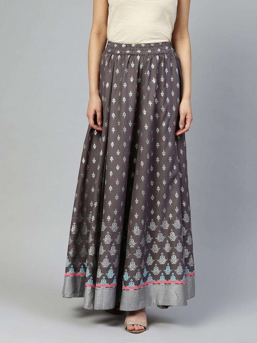 aurelia grey & silver printed flared maxi skirt