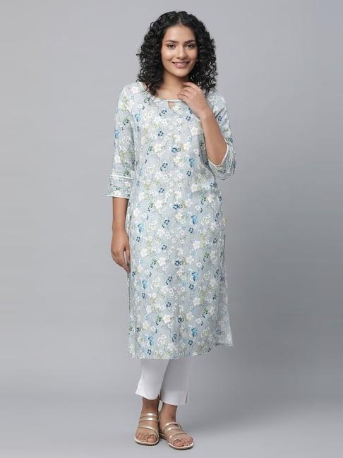 aurelia grey floral print straight kurta