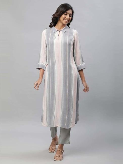 aurelia grey striped straight kurta