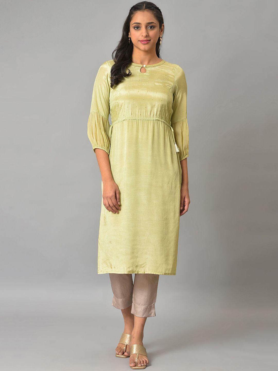 aurelia keyhole neck puff sleeves thread work straight kurta