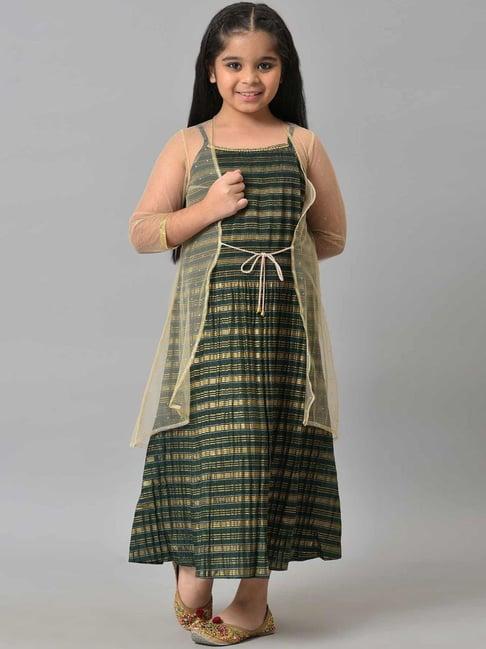 aurelia kids green & golden printed dress