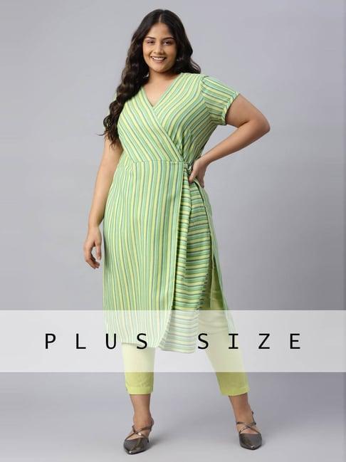 aurelia lime green cotton striped straight kurta