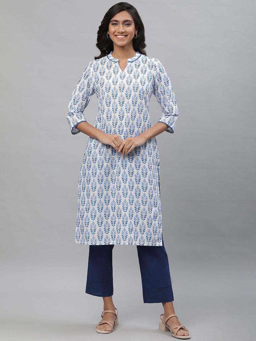 aurelia mandarin collar ethnic motifs printed thread work a-line cotton kurta