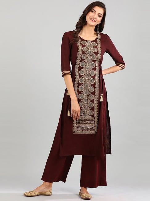 aurelia maroon embroidered kurta palazzo set with dupatta