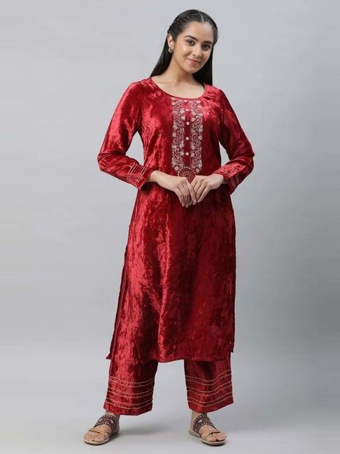aurelia maroon embroidered kurta palazzo set
