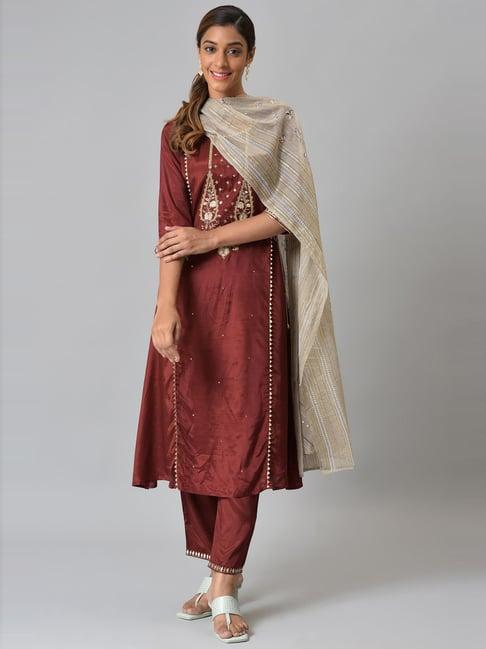 aurelia maroon embroidered kurta pant set with dupatta