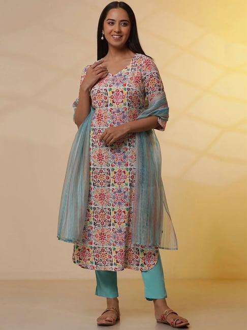 aurelia multicolored printed kurta pant set with dupatta