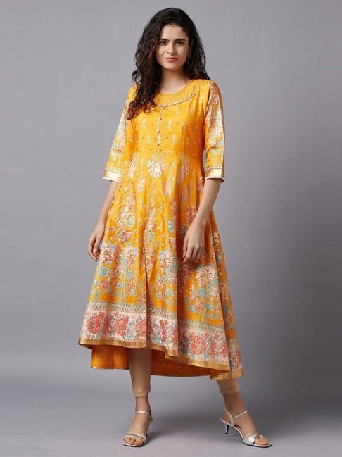 aurelia mustard floral print fit and flare kurta