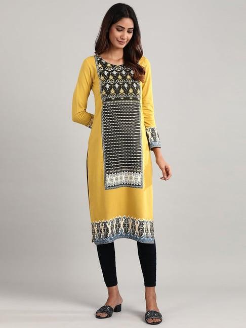 aurelia mustard printed straight kurta