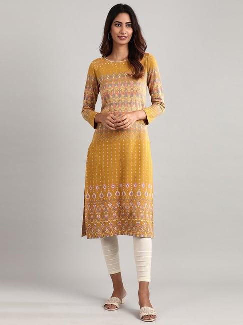 aurelia mustard printed straight kurta