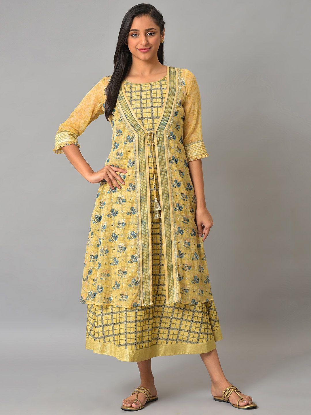 aurelia mustard yellow & blue floral print a-line midi dress