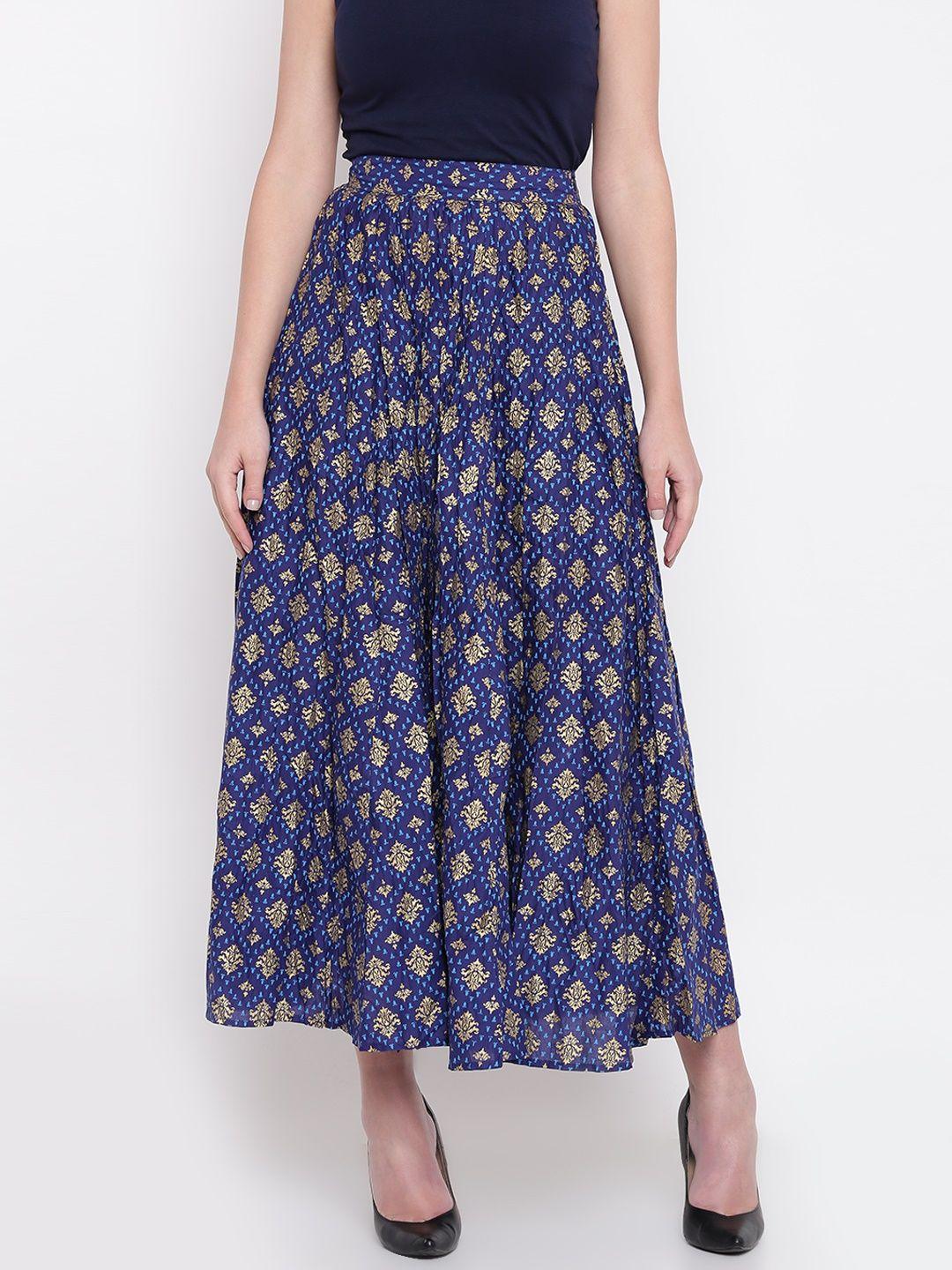 aurelia navy & golden printed maxi flared pure cotton skirt