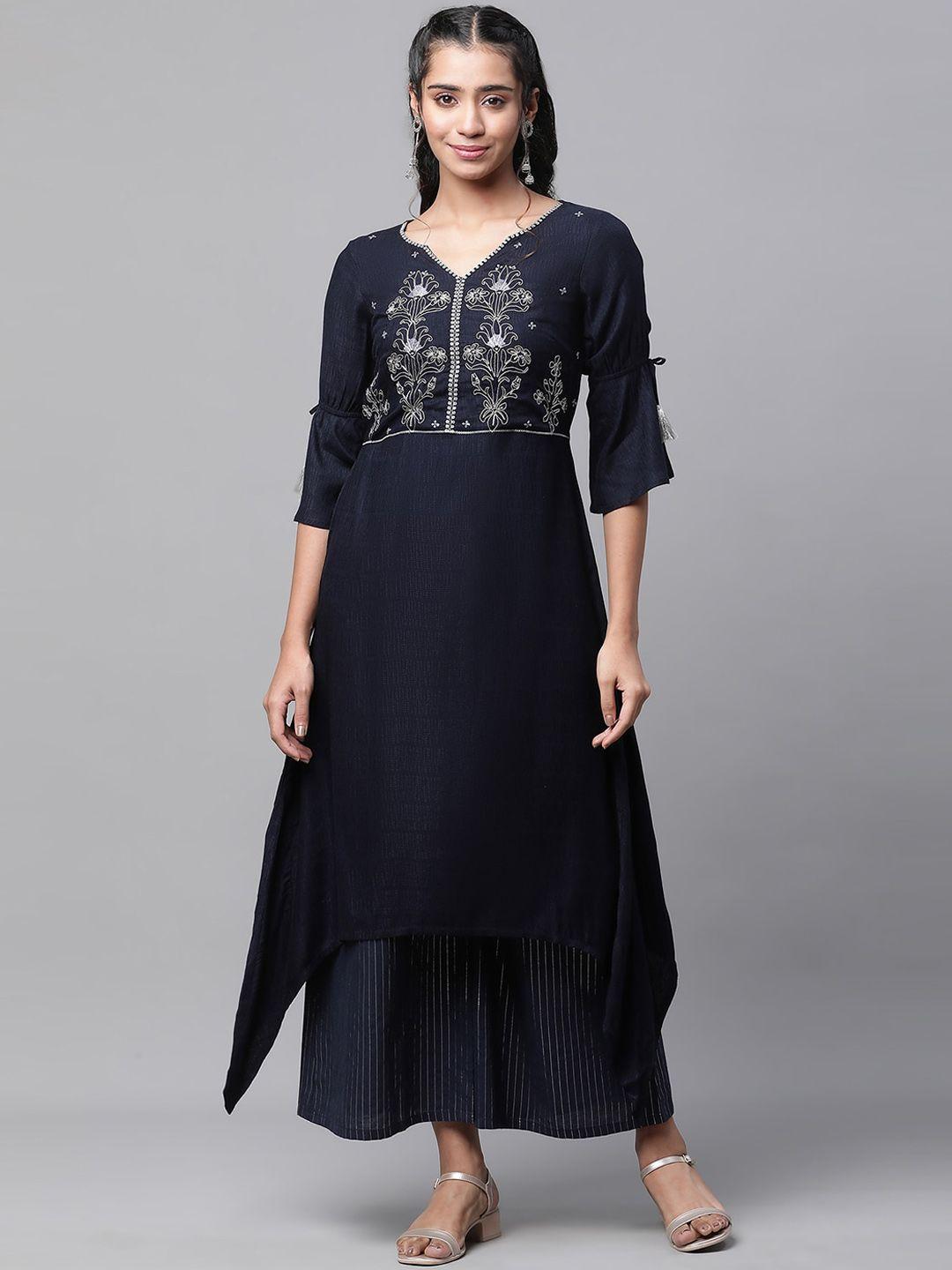 aurelia navy blue & white floral yoke design thread work a-line kurta with palazzos