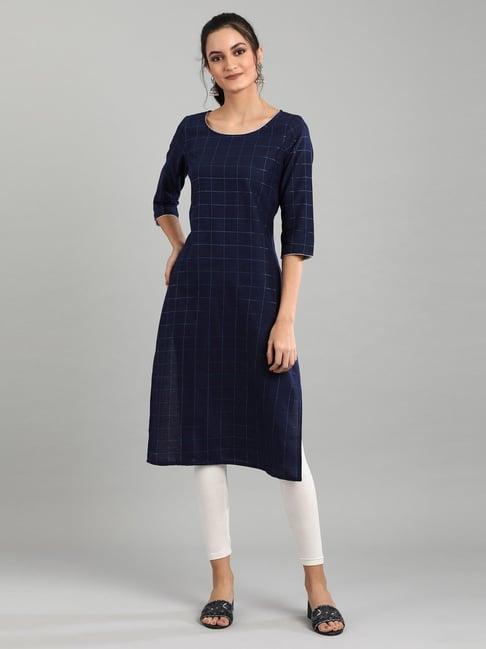 aurelia navy chequered straight kurta