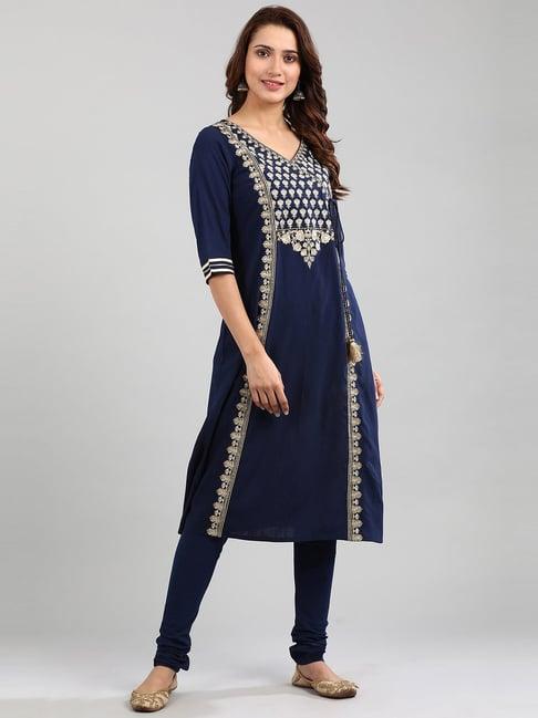 aurelia navy embroidered kurta churidar set with dupatta