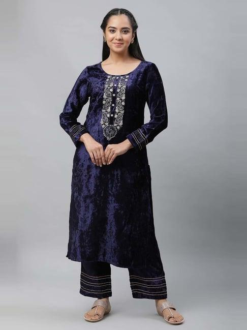 aurelia navy embroidered kurta palazzo set