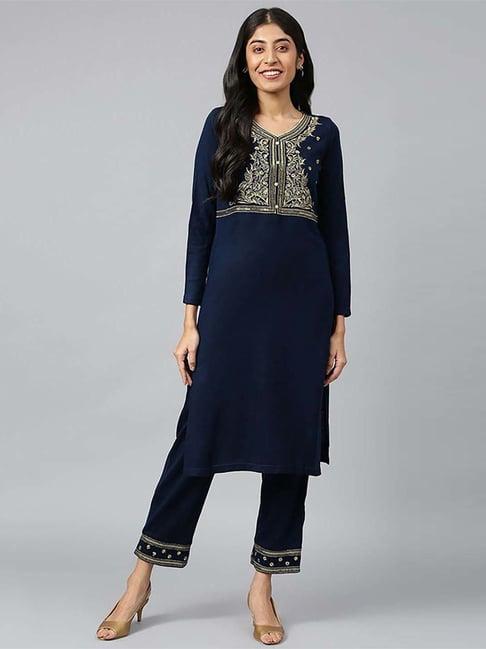 aurelia navy embroidered kurta pant set