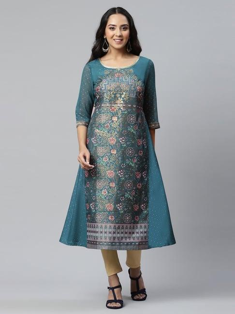 aurelia navy floral print a line kurta