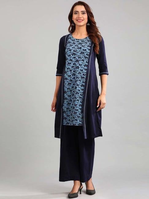 aurelia navy floral print straight double layered kurta