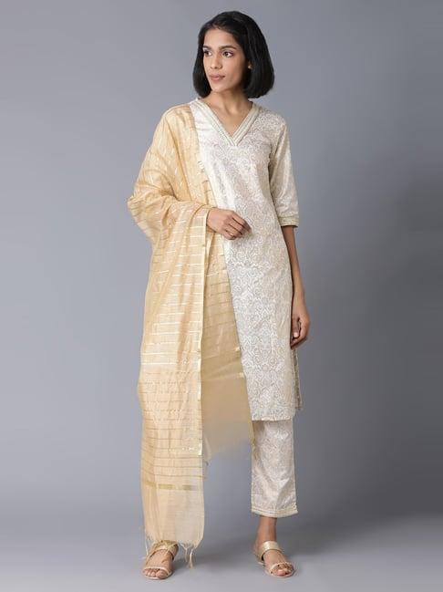 aurelia off-white & golden printed kurta pant set with dupatta
