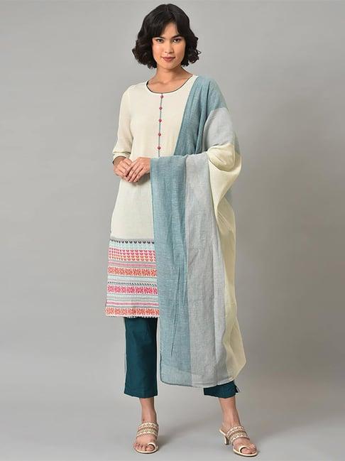 aurelia off-white & teal blue cotton woven pattern kurta pant set with dupatta