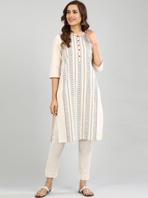 aurelia off-white cotton printed straight kurta