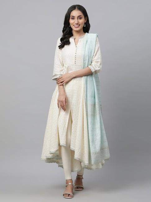 aurelia off-white cotton woven pattern kurta pant set with dupatta