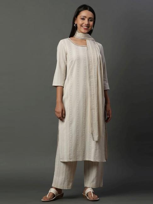 aurelia off-white woven pattern kurta palazzo set with dupatta