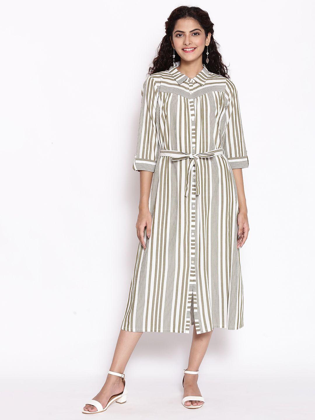 aurelia olive green & white striped shirt midi dress with waist tie up